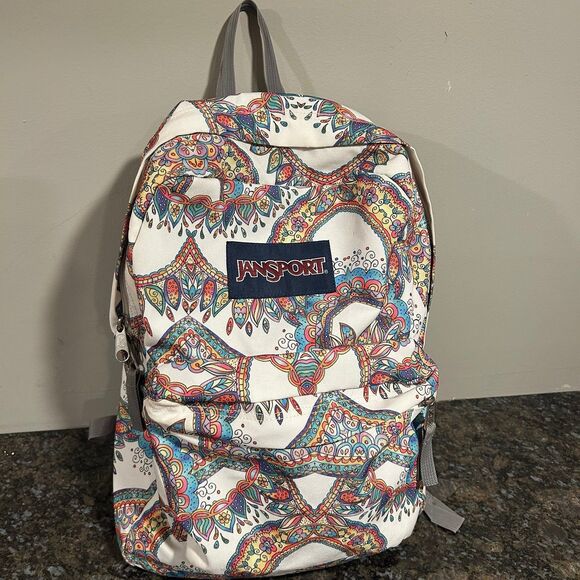 Jansport Superbreak White Boho Paisley Print Classic Single Compartment Backpack - Picture 1 of 10